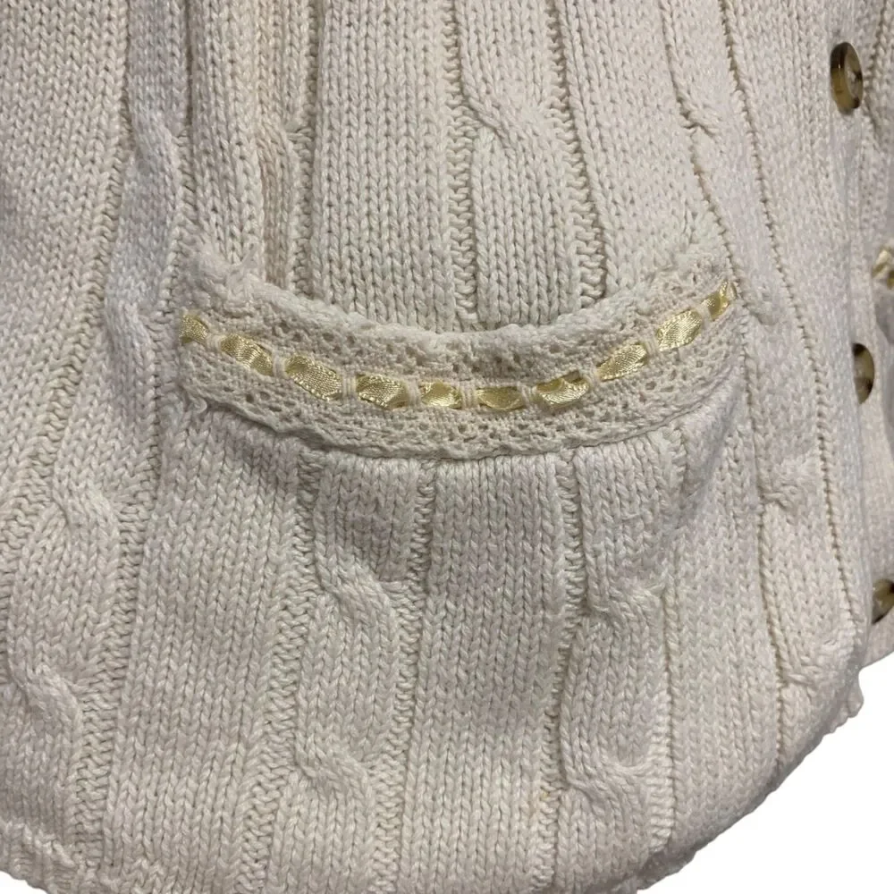 Vintage Womens Cream Cable Knit Sweater Vest L Button Front Pockets Sleeveless